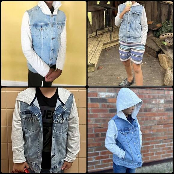 Art Class Light Wash Unisex Denim Button Down Jean Jacket w/ Sweatshirt Hood - Picture 14 of 15